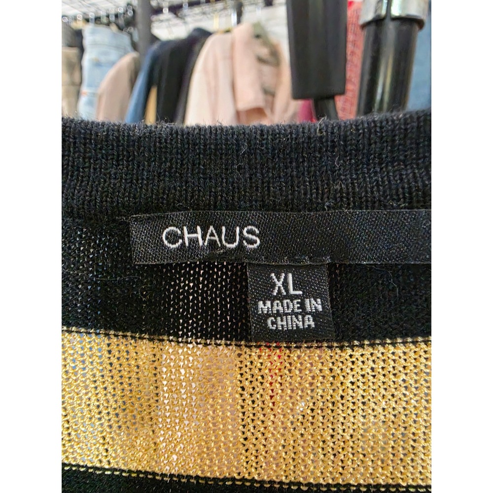 Chaus Womens XL Cardigan Sweater Black Gold Metallic Striped V-Neck Button Front - Picture 4 of 5